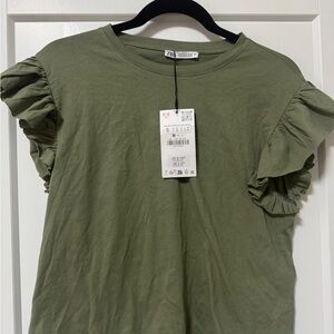 Zara Olive Ruffle Sleeve Tee